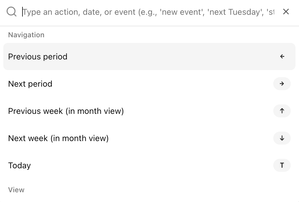 NimbleCal command palette - keyboard shortcuts