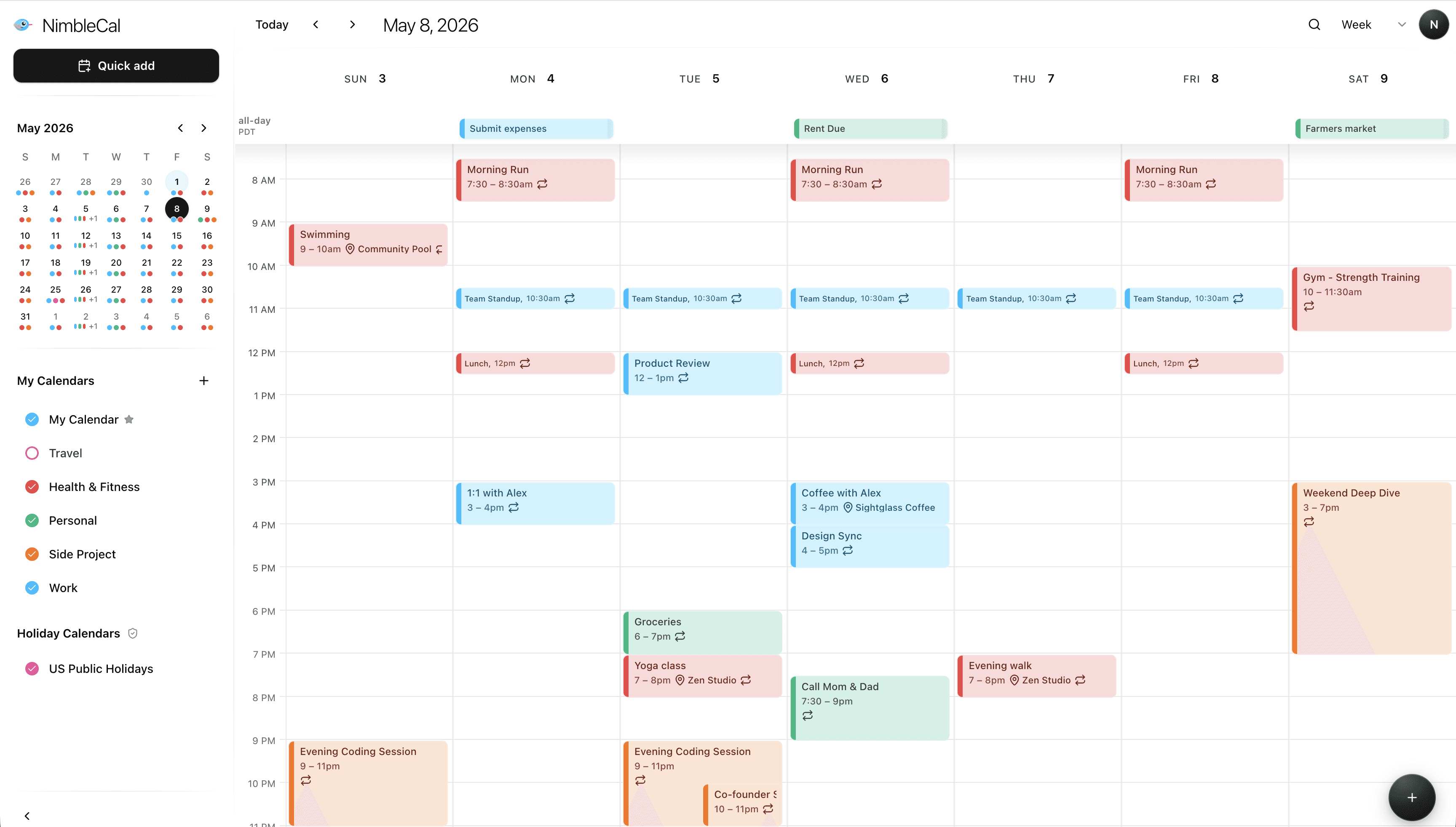 NimbleCal private calendar week view showing a full schedule