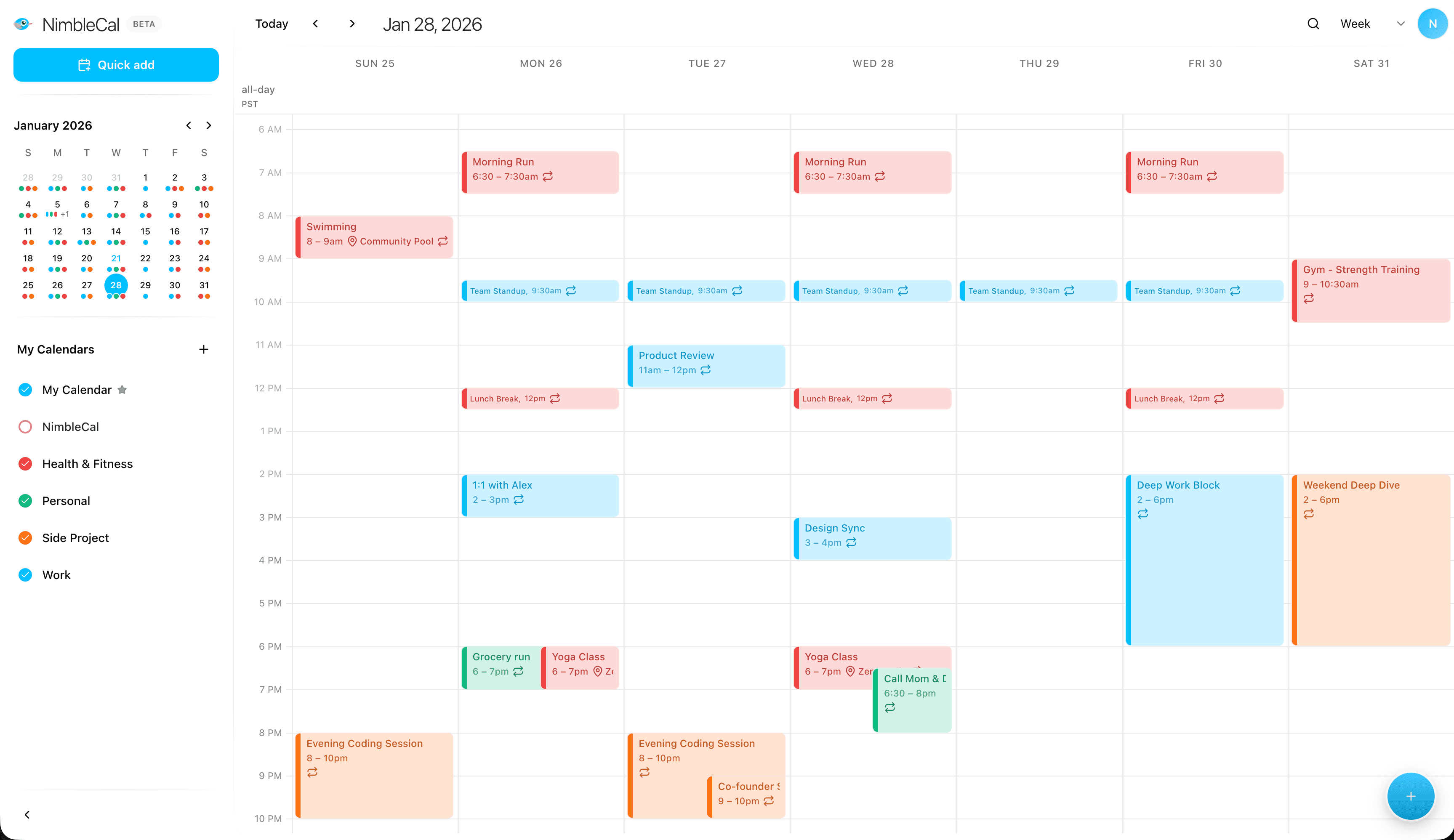 NimbleCal week view - your private calendar